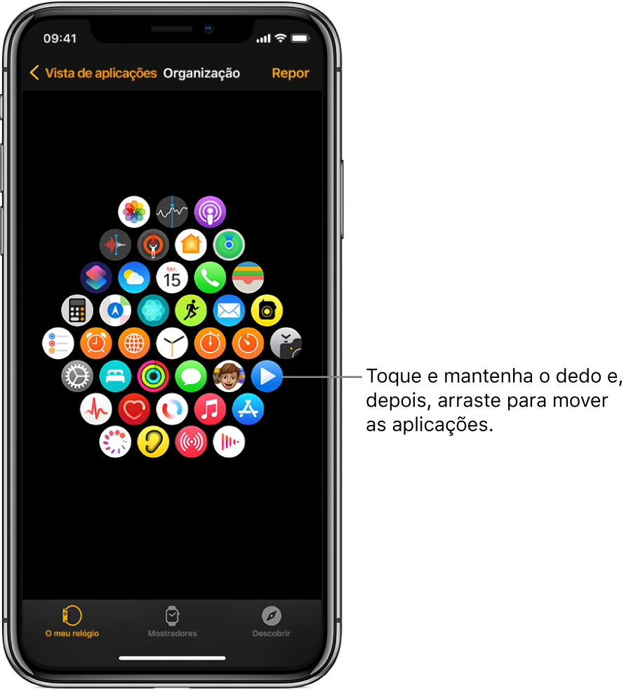 O ecrã Organização na aplicação Apple Watch, com uma grelha de ícones.