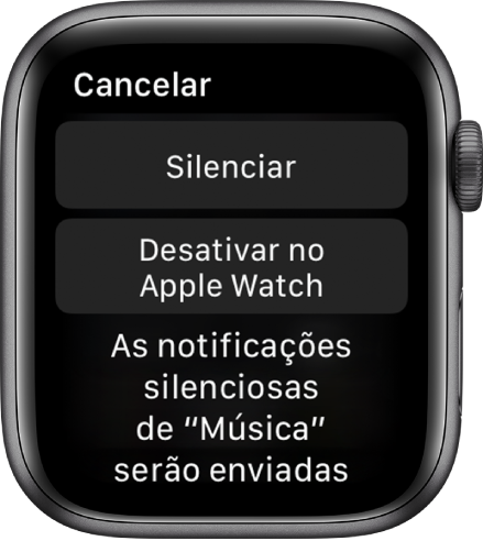 Definições de notificação no Apple Watch. O botão superior indica Silenciar e o botão em baixo indica Desativar no Apple Watch.