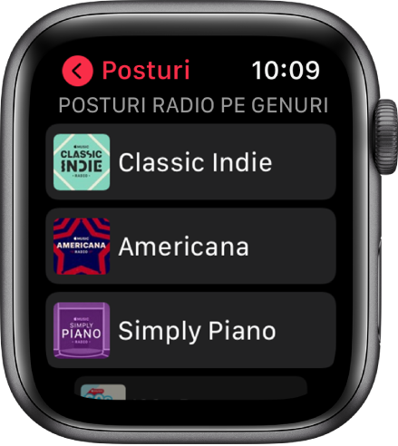 Ecranul Radio prezentând trei posturi de radio Apple Music dedicate unor genuri.
