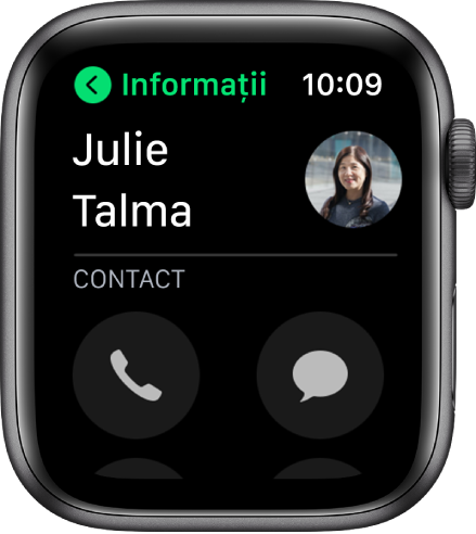 Un ecran Telefon afișând un contact și butoanele Apelați și Mesaj.