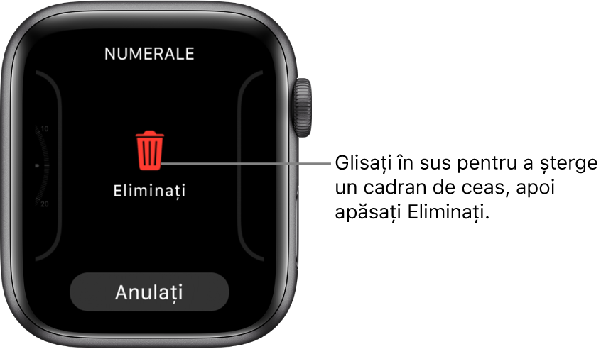 Ecranul Apple Watch prezentând butoanele Eliminați și Anulați, care apar după ce glisați spre un cadran de ceas, apoi glisați în sus pe el pentru a-l șterge.