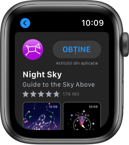 Apple Watch afișând aplicația App Store. În partea de sus a afișajului apare un câmp de căutare cu o colecție de aplicații dedesubt.