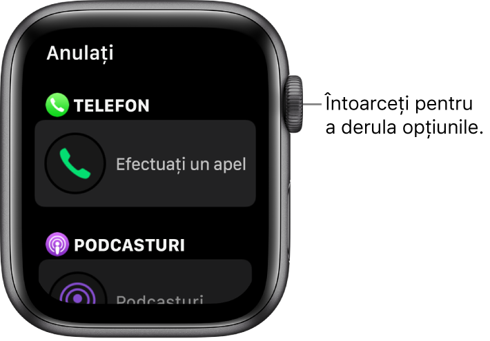 Ecranul de personalizare pentru un cadran de ceas, având complicația Efectuați un apel evidențiată. Pentru a explora complicațiile, întoarceți coroana Digital Crown.