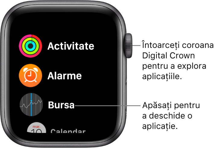 Ecranul principal în vizualizarea listă pe Apple Watch, cu aplicațiile sub formă de listă. Apăsați pe o aplicație pentru a o deschide. Derulați pentru a vedea mai multe aplicații.