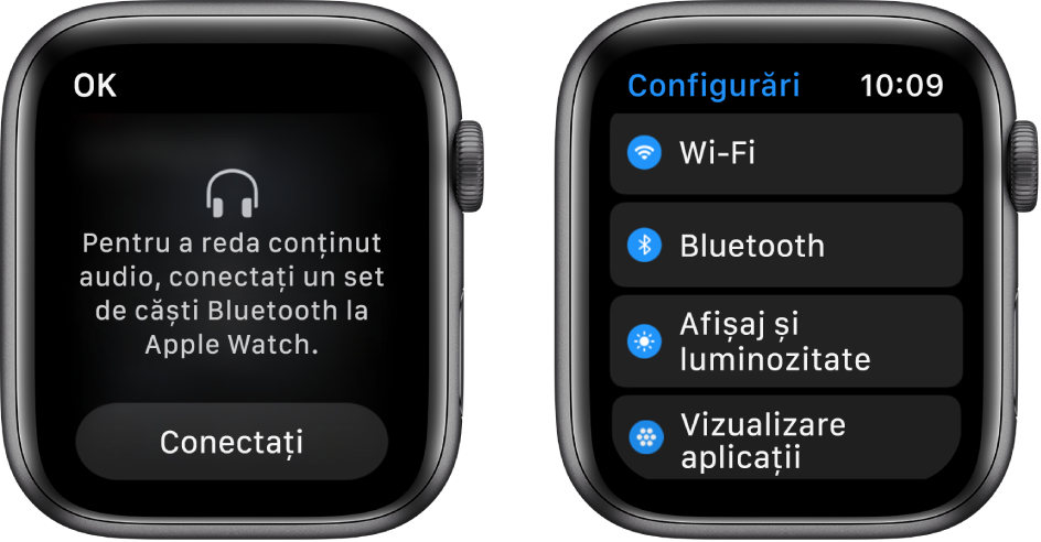 Două ecrane unul lângă celălalt. În stânga se află un ecran care vă invită să conectați căștile Bluetooth la Apple Watch. Butonul Conectați se află în partea de jos. În partea dreaptă se află ecranul Configurări, afișând butoanele Wi-Fi, Bluetooth, Luminozitate și Dimensiune text și butoanele Vizualizare aplicații sub formă de listă.