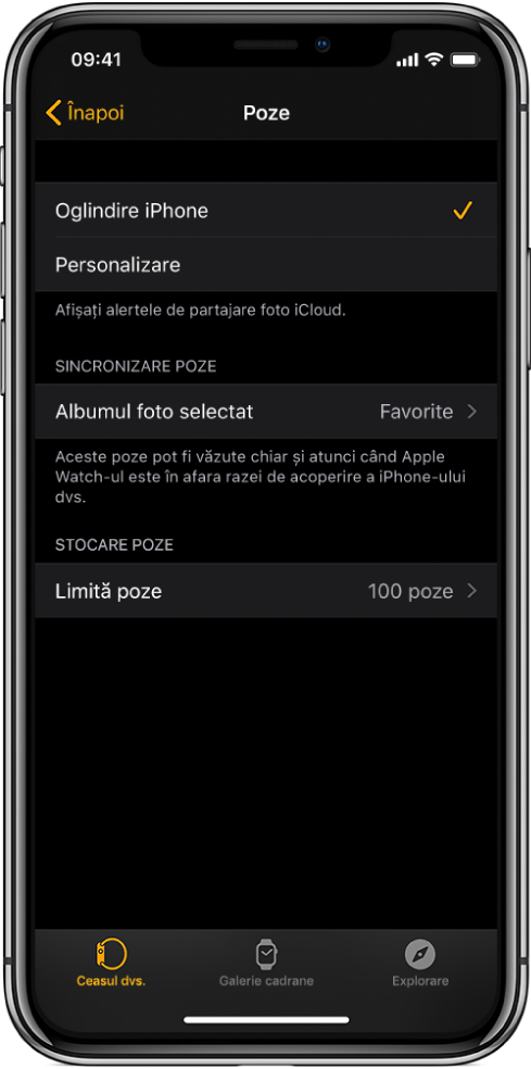 Configurările pentru Poze în aplicația Apple Watch de pe iPhone, având configurarea Sincronizare poză în mijloc și configurarea Limită poze dedesubt.