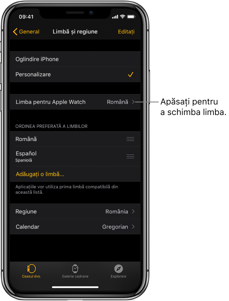 Ecranul Limbă și regiune din aplicația Apple Watch, cu configurarea Limba pentru Watch lângă partea de sus.