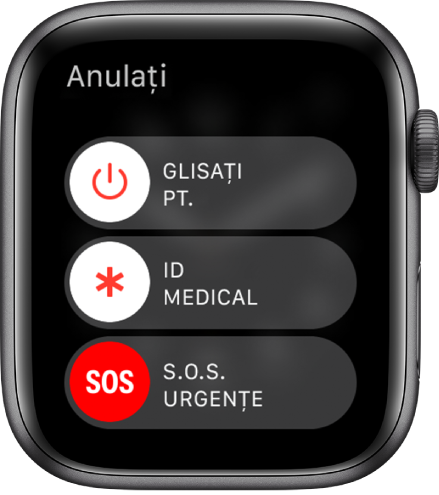 Ecranul Apple Watch prezentând trei glisoare: Glisați pt. oprire, ID medical și S.O.S. urgențe. Trageți glisorul Glisați pt. oprire pentru a opri Apple Watch-ul.