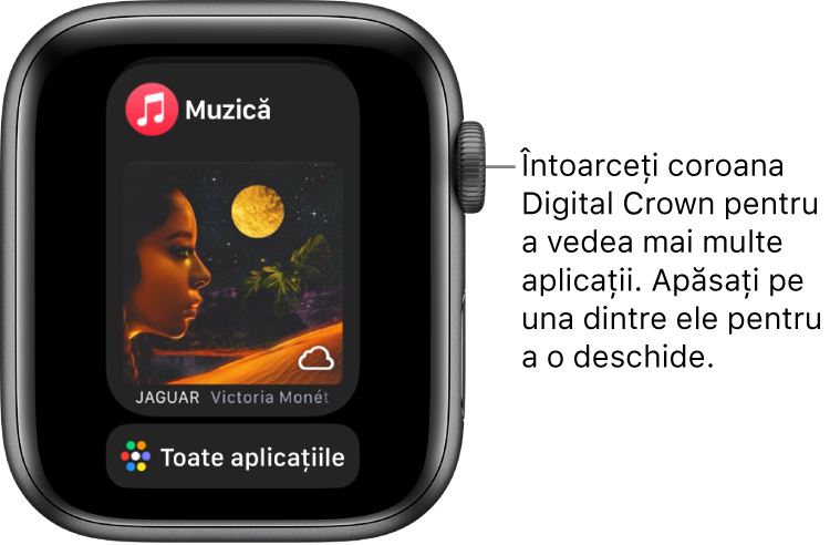 Dock-ul afișând aplicația Muzică cu butonul Toate aplicațiile dedesubt. Pentru a vedea mai multe aplicații, întoarceți coroana Digital Crown. Apăsați pe una dintre ele pentru a o deschide.