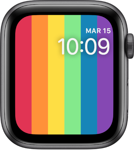 Cadranul de ceas Mândrie digital prezentând fâșii verticale în culorile curcubeului, cu data și ora în dreapta sus.