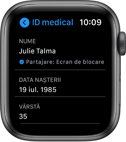 Ecranul ID medical prezentând numele și vârsta utilizatorului.
