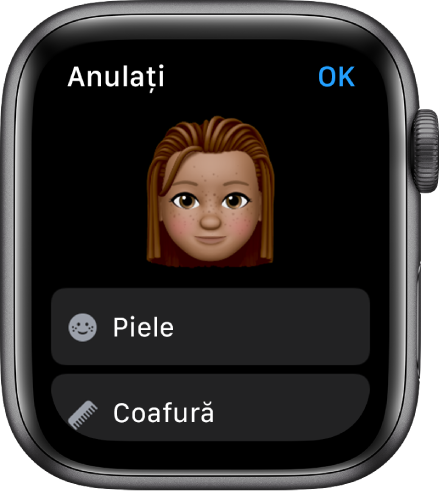 Aplicația Memoji pe Apple Watch prezentând un chip în apropierea părții de sus și opțiunile Piele și Coafură dedesubt.