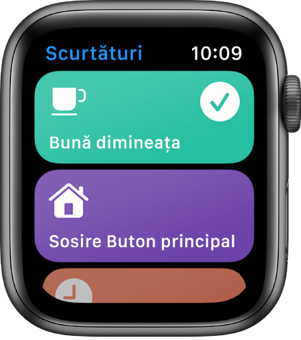 Aplicația Scurtături pe Apple Watch afișând două scurtături: Bună dimineața și Ora de sosire acasă.