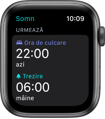 Aplicația Somn de pe Apple Watch prezentând programul de somn al serii. Ora de culcare este configurată la 22:00, iar ora de trezire, la 6:00.