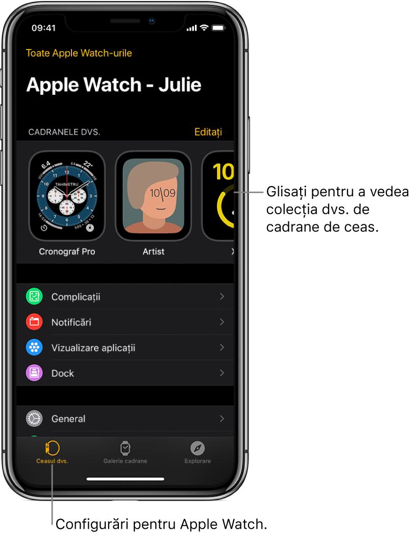 Aplicația Apple Watch de pe iPhone se deschide în ecranul Ceasul dvs., care prezintă cadranele dvs. de ceas sus și configurările dedesubt. Există trei file în partea de jos a ecranului aplicației Apple Watch: fila din stânga este Ceasul dvs., de unde accesați configurările Apple Watch; lângă aceasta este Galerie cadrane, de unde puteți explora cadranele și complicațiile disponibile; urmează Explorare, unde puteți afla mai multe despre Apple Watch.