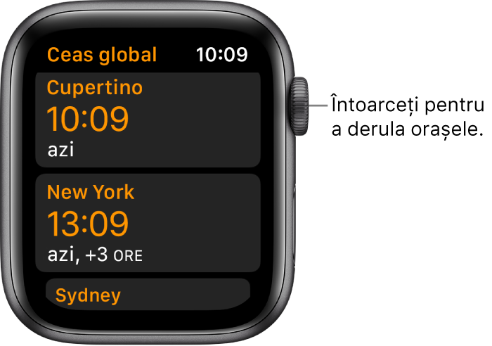 Aplicația Ceas global cu lista orașelor și bara de derulare.