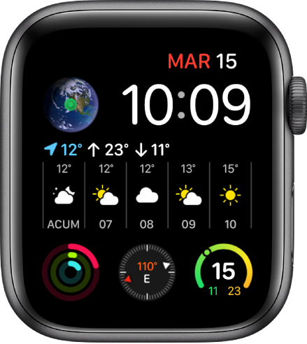 Cadranul de ceas Infografic modular cu mai multe complicații; complicația Pământ în stânga sus, complicația Vremea se întinde pe mijlocul cadranului de ceas și trei complicații în subcadrane de-a lungul părții de jos: Activitate, Busolă și Temperatură exterioară.