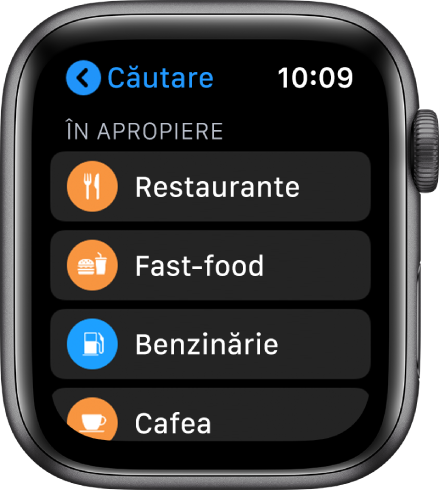 Aplicația Hărți afișând o listă de categorii: Restaurants (Restaurante), Fast Food, Gas Stations (Benzinării), Coffee (Cafenele) și altele.