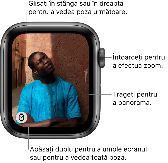 În timpul vizualizării unei poze, întoarceți coroana Digital Crown pentru a efectua zoom, trageți pentru a panorama sau apăsați dublu pentru a comuta între vizualizarea completă a pozei și umplerea ecranului. Glisați spre stânga sau spre dreapta pentru a vedea poza următoare. Apăsați butonul Cadran de ceas din stânga jos pentru a crea un cadran de ceas pe baza pozei.