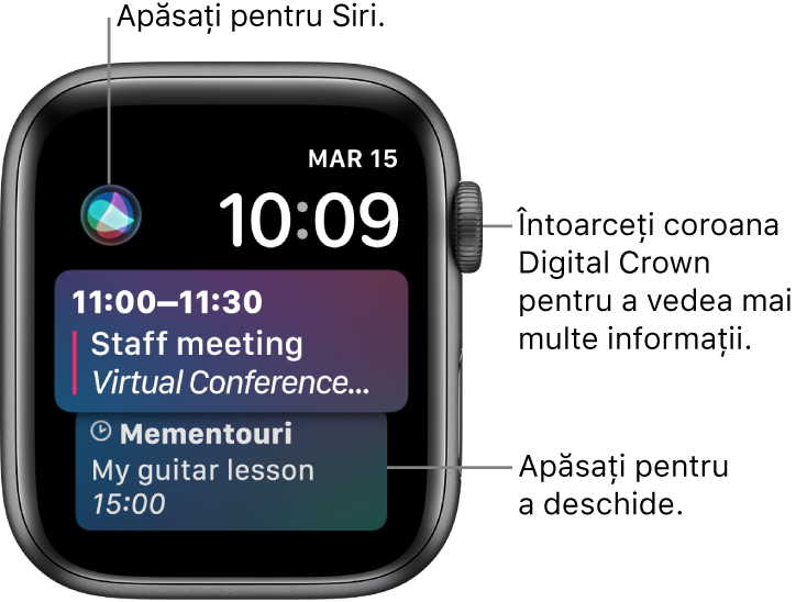 Cadranul de ceas Siri, prezentând un memento și un eveniment din calendar. Un buton Siri se află în partea stângă sus a ecranului. Data și ora se află în dreapta sus.