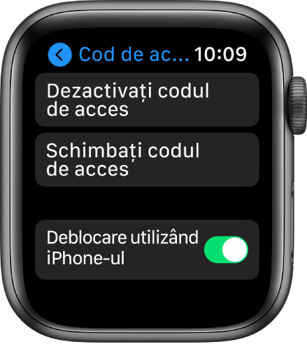 Configurările pentru Cod de acces pe Apple Watch, cu butonul Dezactivați codul de acces în partea de sus, butonul Schimbați codul de acces dedesubt și Deblocare cu iPhone-ul în partea de jos.