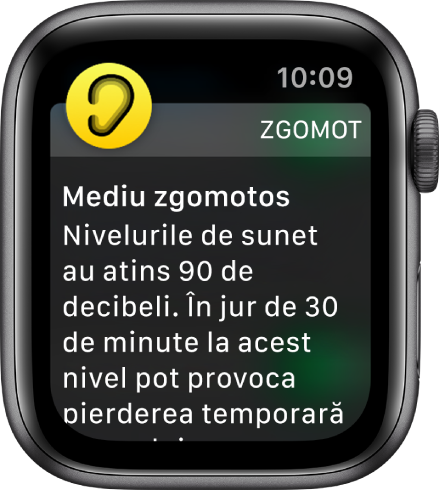Un Apple Watch afișând o notificare Zgomot. Pictograma aplicației asociate cu notificarea apare în stânga sus. O puteți apăsa pentru a deschide aplicația.