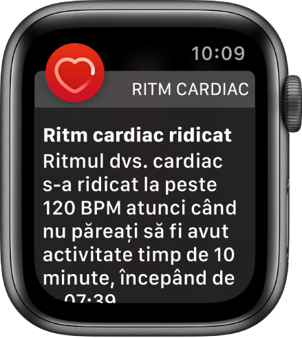 Ecranul Ritm cardiac ridicat afișând o notificare conform căreia ritmul dvs. cardiac a depășit 120 bpm într-o perioadă de inactivitate de 10 minute.