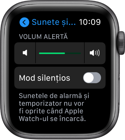 Configurările Sunete și răspuns haptic pe Apple Watch, cu glisorul Volum alarmă sus și butonul Mod silențios dedesubt.
