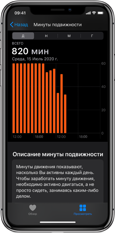 На экране iPhone показаны минуты двигательной активности. Внизу находятся вкладки «Обзор» и «Просмотр». Выбрана вкладка «Просмотр».