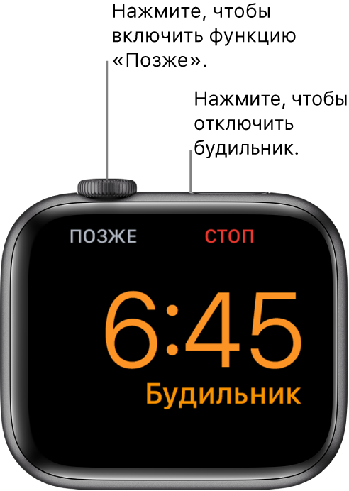 Часы Apple Watch на боку, на экране отображается время сработавшего будильника. Под колесиком Digital Crown написано слово «Позже». Слово «Стоп» расположено под боковой кнопкой.