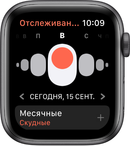 Экран приложения «Отслеживание цикла». Вверху показаны дни недели, под ними показана текущая дата, а внизу находится кнопка «Месячные».