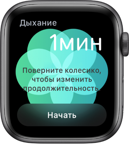 Экран приложения «Дыхание»: справа вверху показана длительность в 1 минуту, внизу расположена кнопка «Начать».