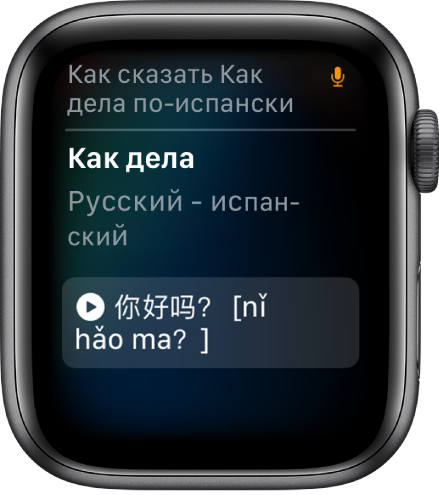 Экран Siri. Вверху показана фраза «Как сказать "Как дела?" по-испански?» Перевод на упрощенный китайский показан ниже.