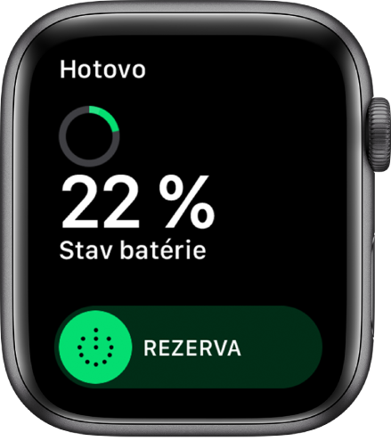 Obrazovka Rezerva, na ktorej je zobrazené tlačidlo Hotovo v ľavom hornom rohu, zostávajúce percentá batérie a prepínač Rezerva.