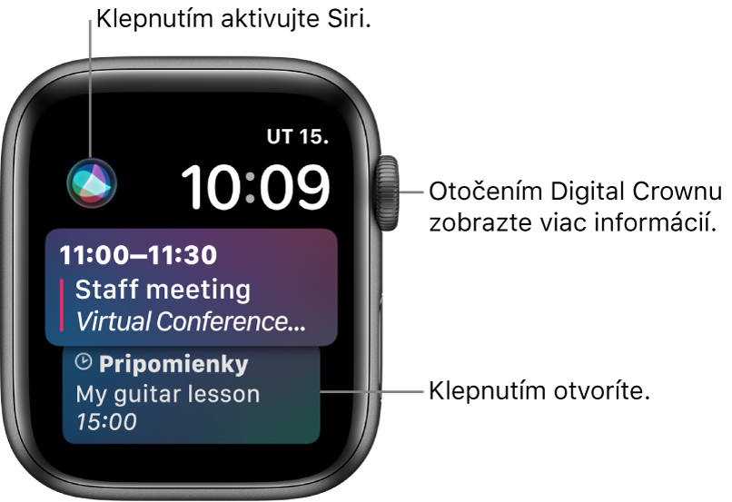 Ciferník Siri, na ktorom je zobrazená pripomienka a udalosť kalendára. V ľavej hornej časti obrazovky sa nachádza tlačidlo Siri. Vpravo hore sa nachádzajú dátum a čas.