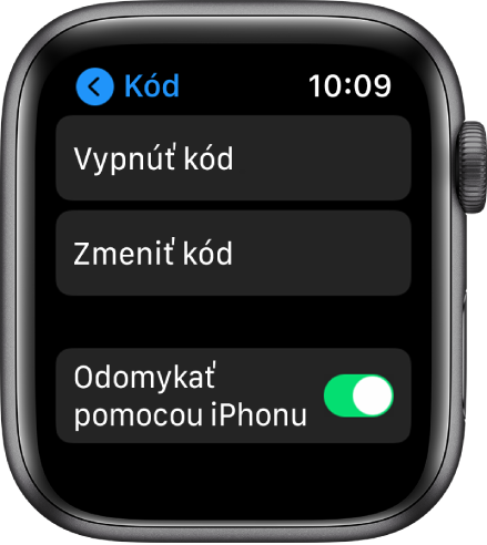 Nastavenia kódu na hodinkách Apple Watch s tlačidlom Vypnúť kód hore, tlačidlom Zmeniť kód pod ním a prepínačom Odomykať pomocou iPhonu dole.