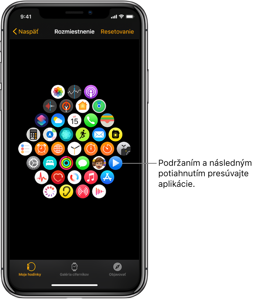 Obrazovka Rozloženie v apke pre Apple Watch zobrazujúca ikony zoradené v mriežke.