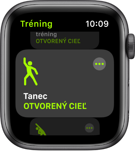 Obrazovka aplikácie Tréning so zvýrazneným tréningom Tanec.