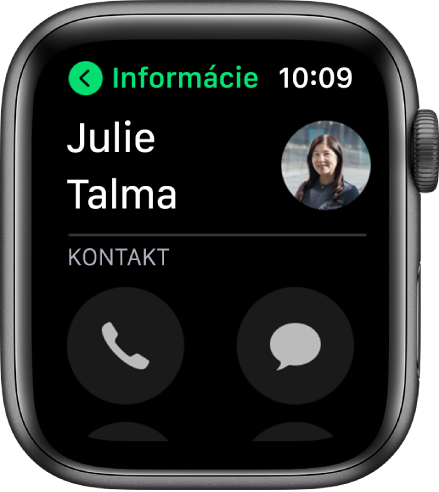Obrazovka Telefón zobrazujúca kontakt a tlačidlá Volať a Správa.