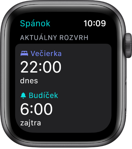 Apka Spánok na hodinkách Apple Watch zobrazujúca večerný rozvrh spánku. Večierka je nastavená na 22:00 h a budíček na 6:00 h.