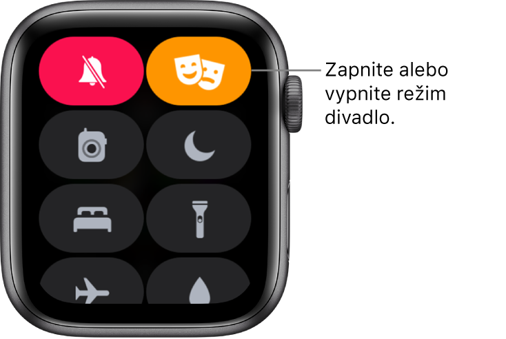 Ovládacie centrum so zvýraznenými tlačidlami režimu divadlo a tichého režimu zobrazujúce zapnutý režim divadlo.
