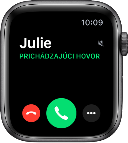 Obrazovka hodiniek Apple Watch počas prijatia hovoru: meno volajúceho, slová „Prichádzajúci hovor“. červené tlačidlo Zamietnuť, zelené tlačidlo Odpovedať a tlačidlo Viac možností.