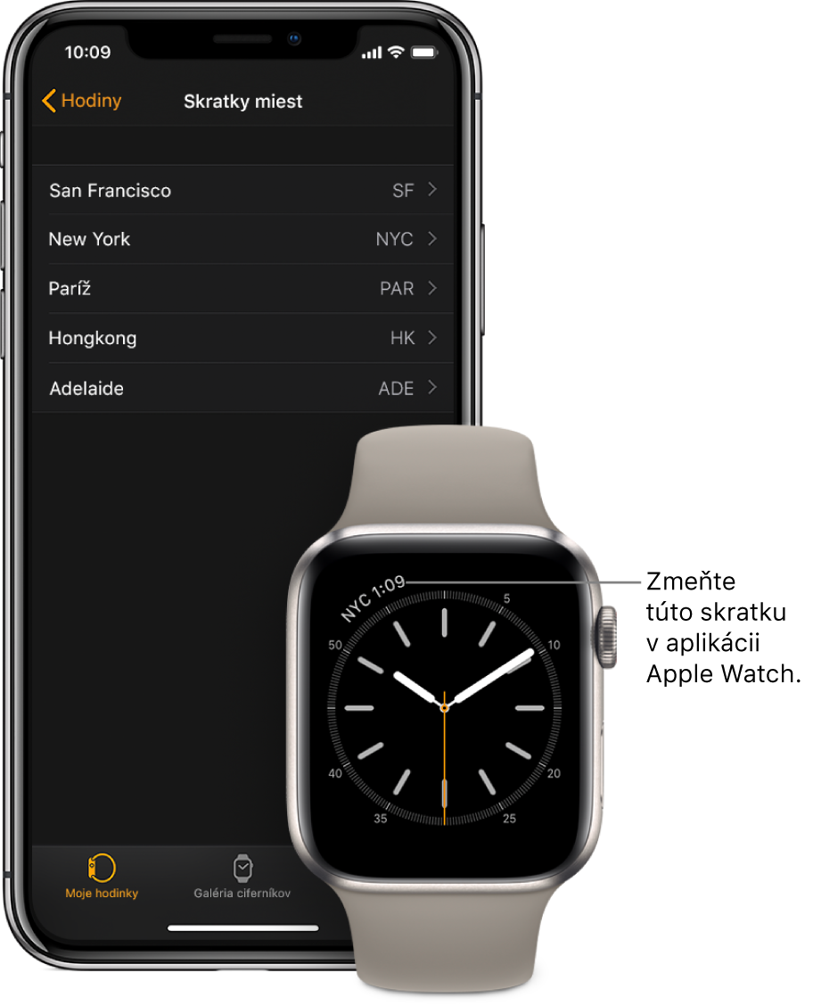 iPhone a hodinky Apple Watch položené vedľa seba. Na obrazovke hodiniek Apple Watch sa zobrazuje čas v New Yorku, uvedený pod skratkou NYC. Na obrazovke iPhonu sa zobrazuje zoznam miest v nastaveniach „Skratky miest“ (v nastaveniach Hodiny v apke Apple Watch).