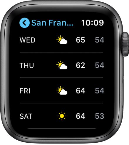 Aplikacija Weather (Vreme), ki prikazuje tedensko napoved.