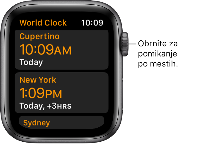 Aplikacija World Clock (Svetovna ura) s seznamom mest in drsnim trakom.