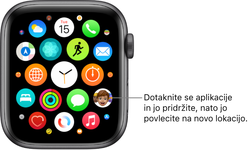 Zaslon Home (Domov) ure Apple Watch z aplikacijami v mreži.
