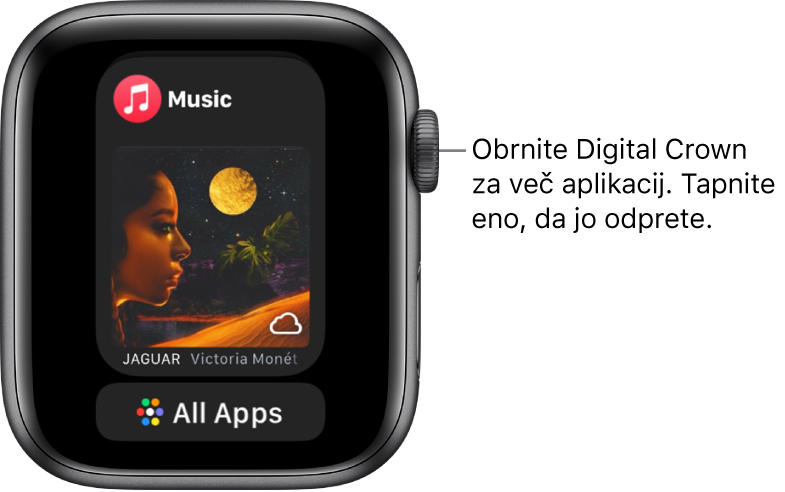 Vrstica Dock s prikazano aplikacijo Music (Glasba) z gumbom All Apps (Vse aplikacije) pod njo. Zavrtite gumb Digital Crown za ogled dodatnih aplikacij. Tapnite eno od njih, če jo želite odpreti.