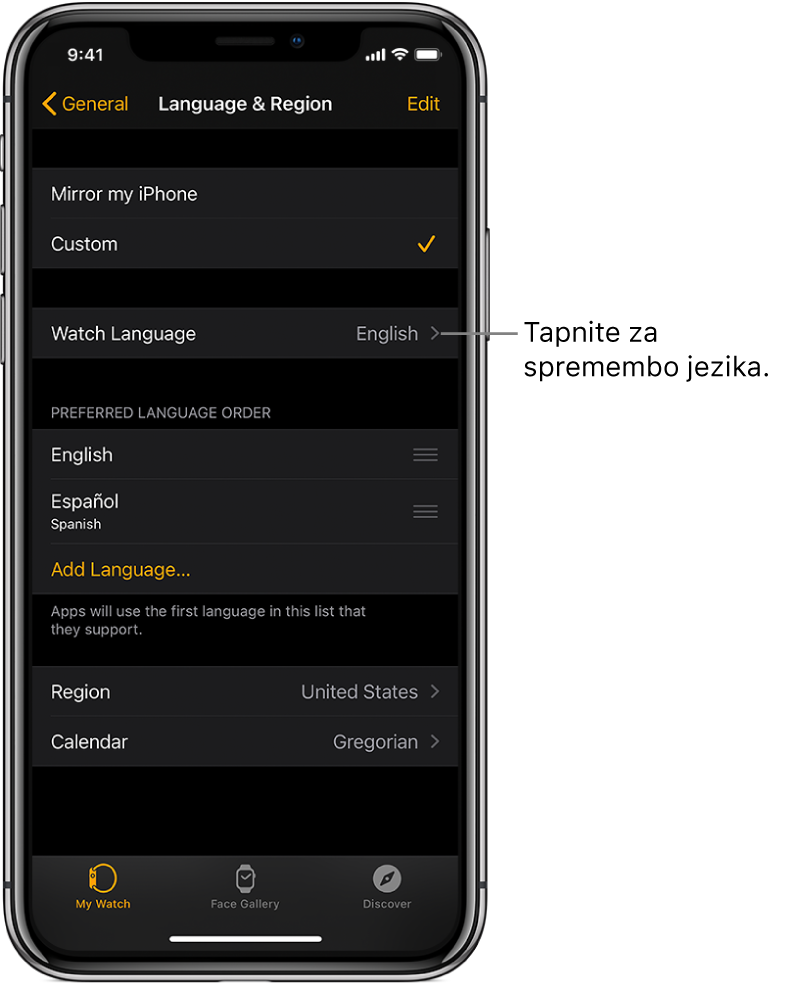 Zaslon Language & Region (Jezik in regija) v aplikaciji Apple Watch z nastavitvijo Watch Language (Jezik ure) blizu vrha.