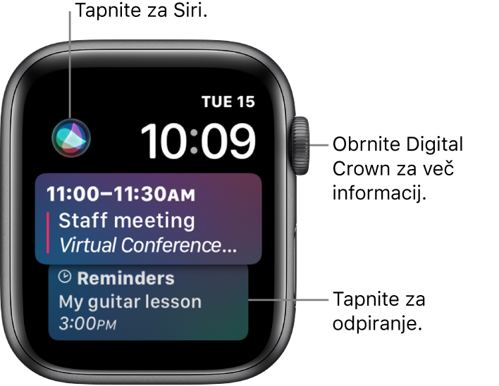 Številčnica Siri, ki prikazuje opomnik in koledarski dogodek. Gumb Siri je v zgornjem levem delu zaslona. Datum in čas sta zgoraj desno.