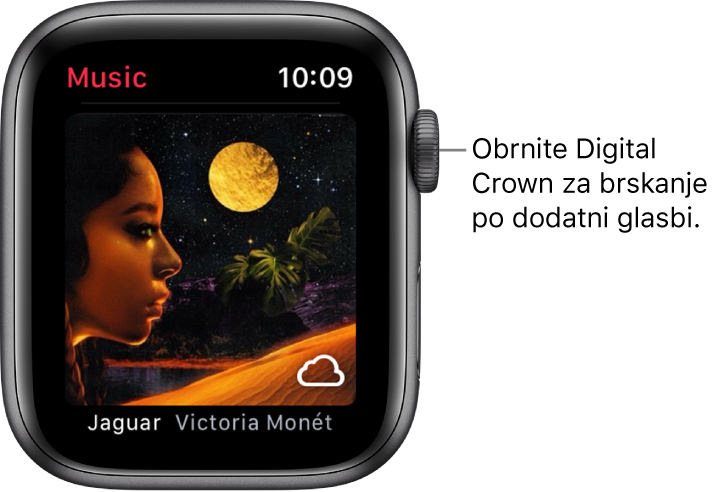 Zaslon prikazuje album z naslovnico v aplikaciji Music (Glasba).